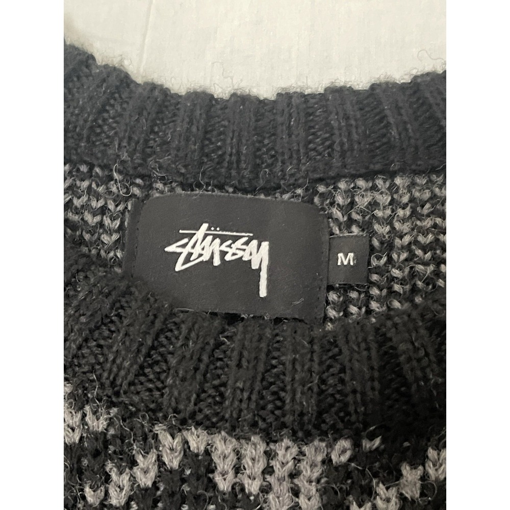 STUSSY Wool Knit Sweater M Black Houndstooth Print - Picture 2 of 7